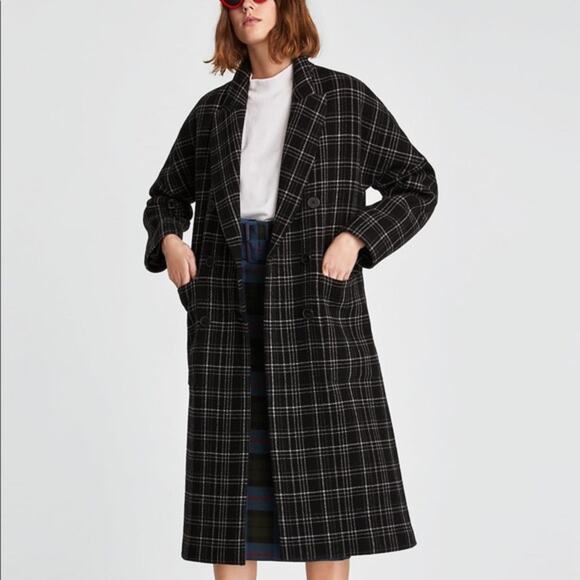 Zara Plaid Checked Double breasted Wool Long Coat Size XS - Picture 2 of 15